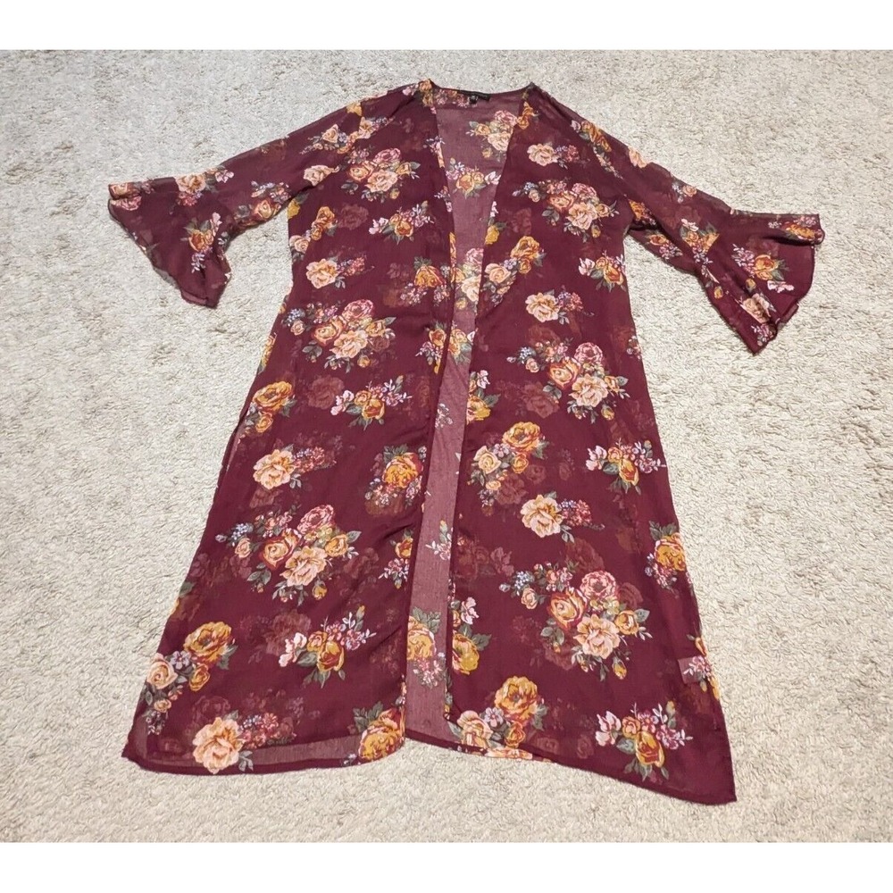 Almost Famous Open Front Kimono Floral Sz 1X Sheer Long Line Flowy Fairy Whimsy